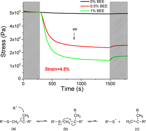 Effect of Cross-Link Density on Photoplasticity of Epoxide Networks Containing Allylic Dithioether Moieties — graphical abstract