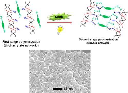 Photo-CuAAC Induced Wrinkle Formation in a Thiol–Acrylate Elastomer via Sequential Click Reactions — graphical abstract