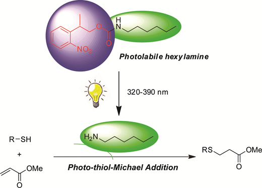 A new photoclick reaction strategy: photo-induced catalysis of the thiol-Michael addition via a caged primary amine — graphical abstract
