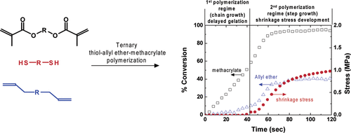 Thiol−Allyl Ether−Methacrylate Ternary Systems. Evolution Mechanism of Polymerization-Induced Shrinkage Stress and Mechanical Properties — graphical abstract