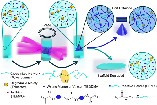 A Versatile Photoresist Scaffolding for Tunable Material Property, High‐Contrast Tomographic Volumetric Additive Manufacturing — graphical abstract