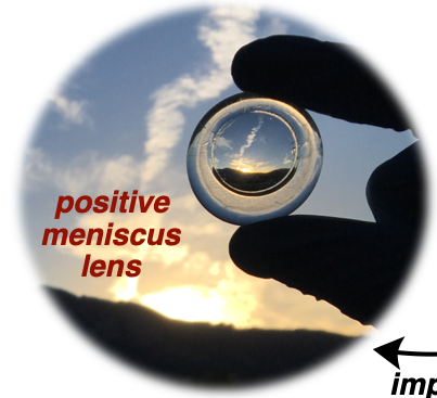 A positive meniscus lens held up against a sunset, the sky and horizon refracted through the glass